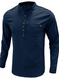 themeisles Standing Collar Men's Cotton Linen Shirt Long-sleeved Henry Collar Shirt Loose Men's Linen Shirt