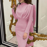 themeisles Fashionable Waist and Foreign Style Solid Color Long Sleeve Dress