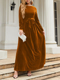 themeisles Zipper Solid Color Pleated Belted Wrap Long Sleeves Round-Neck Maxi Dresses