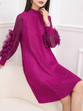 themeisles Solid Color Pleated Embroidered Loose Long Sleeves Round-neck Midi Dresses