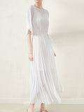 themeisles Loose Pleated With Waistband Solid Color Round-Neck Maxi Dresses