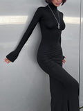 themeisles Split-Joint Solid Color Long Sleeves Bodycon High Neck Maxi Dresses