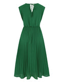 themeisles Tied Waist Solid Color Pleated Sleeveless V-Neck Midi Dresses