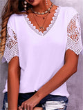 themeisles Lace Lace Splicing Loose V-neck Short-sleeved T-shirt
