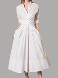 themeisles Stylish A-Line Long Sleeves Pleated Solid Color Lapel Midi Dresses