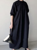 themeisles Simple Solid Color Stand Collar Loose Half Sleeve Shirt Dress