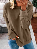 themeisles Women's Solid Color Women's Commuter Tops Loose Casual Splicing Round Neck Long Sleeve T-shirt S-5XL
