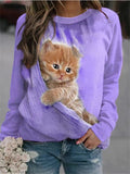 themeisles Animal Loose Cats 3D Digital Printing Long-sleeved Round Neck Sweater Female Blue Purple Pink