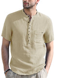 themeisles Stand Collar Short-sleeved Linen Shirt Sleeve Breathable Casual Linen Soft Slim Fit Men
