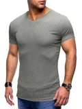 themeisles Summer Men's Sports and Fitness Short-sleeved T-shirt Vertical Striped Solid Color Collarless Men's Slim V-neck Tops Ice Silk Bodysuit