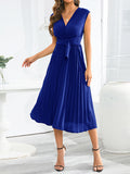 themeisles Tied Waist Solid Color Pleated Sleeveless V-Neck Midi Dresses