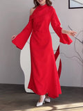 themeisles Flared Sleeves Asymmetric Buttoned Hollow Solid Color Zipper Cold Shoulder Evening Dresses Maxi Dresses