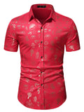 themeisles Casual Solid Colorblocking Fashion Printing Slim Shirt Men's Lapel Single-breasted Short-sleeved Christmas Shirt Cardigan