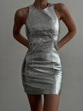 themeisles Zipper Split-Joint Solid Color Backless Sleeveless Skinny Round-Neck Mini Dresses
