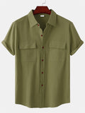 themeisles Summer New Men's Linen Short-sleeved Shirt Men's Square Collar Casual Cotton Linen Shirt Hemp Material Pure Color Half-sleeved Blouse