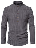 themeisles New Men's Henry Collar Stand-up Collar Long-sleeved Striped Shirt Fashion Loose Comfortable Casual Shirt