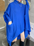 themeisles Batwing Sleeves High-Low Pockets Solid Color High-Neck Midi Dresses Sweater Dresses