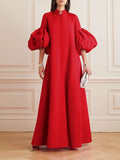 themeisles Loose Flower Shape Solid Color Stand Collar Lantern Sleeves Maxi Dresses