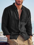 themeisles Solid Color Casual Lapel Pocket Decorated Cardigan Linen Cotton Linen Loose Casual Retro Men's Long-sleeved Shirt
