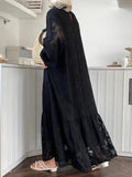 themeisles Tied Waist Split-Joint Solid Color Pleated Flower Print Puff Sleeves Loose Round-Neck Maxi Dresses