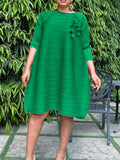 themeisles Vacation Long Sleeves A-Line Pleated Solid Color Round-Neck Midi Dresses