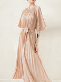 themeisles Loose Pleated With Waistband Solid Color Round-Neck Maxi Dresses