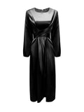 themeisles Zipper Tied Waist Solid Color High-Waisted Wrap Round-neck Maxi Dresses