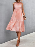 themeisles Split-Joint Solid Color Pleated Hollow Sleeveless Loose Halter-Neck Midi Dresses