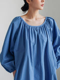 themeisles Original Casual Loose Solid Color Pleated Puff Sleeves Midi Dress