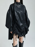 themeisles Solid Color Pleated Drawstring Puff Sleeves Loose Stand Collar Mini Dresses