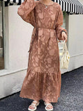 themeisles Tied Waist Split-Joint Solid Color Pleated Flower Print Puff Sleeves Loose Round-Neck Maxi Dresses