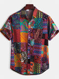 themeisles Summer New Fashion Floral Men's Shirt Men's Casual and Comfortable Square Printing Lapel Short Sleeve Shirt