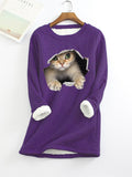 themeisles Women's Sweatshirt Pullover Sherpa Fleece Teddy Denim Blue Green Black Cat Street Round Neck Long Sleeve S M L XL 2XL 3XL