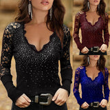 themeisles Women's T shirt Tee Blue Wine Black Plain Lace Cut Out Long Sleeve Casual Daily Sexy V Neck Regular
