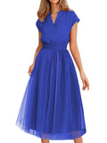 themeisles Solid Color Short Sleeves Loose V-Neck Midi Dresses