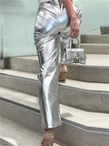 themeisles Women's Street High Waist Reflective Metallic PU Leather Pants Women Fashion Trend Pants S-L