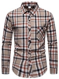 themeisles Men's Business Brushed Lapel Long-sleeved Shirt Loose Color Collision Plaid Fashion Long-sleeved Pocket Shirt Men