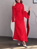 themeisles Flared Sleeves Asymmetric Buttoned Hollow Solid Color Zipper Cold Shoulder Evening Dresses Maxi Dresses