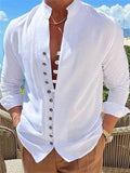themeisles Men's Shirt Linen Shirt Button Up Shirt Casual Shirt Summer Shirt Black White Pink Long Sleeve Plain Band Collar Summer Spring & Fall Daily Vacation Clothing Apparel