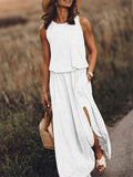 themeisles Spring and Summer New European Women's Round Neck Sleeveless Dress Open Solid Color Casual Commuter Long Dress