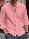 themeisles Autumn and Winter Solid Color New Slim Type Men's Retro Cotton and Linen Casual Loose Stand-up Collar Long-sleeved Shirt
