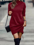 themeisles Casual Long Sleeves Solid Color High-Neck Mini Dresses