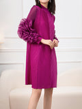 themeisles Solid Color Pleated Embroidered Loose Long Sleeves Round-neck Midi Dresses