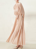 themeisles Loose Pleated With Waistband Solid Color Round-Neck Maxi Dresses