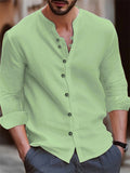 themeisles Autumn and Winter Solid Color New Slim Type Men's Retro Cotton and Linen Casual Loose Stand-up Collar Long-sleeved Shirt