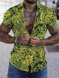 themeisles Men's Beach Shirt 3D Digital Short Sleeve Shirt Seaside Hawaii Loose Men's Shirt Blue Yellow Purple Green