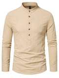 themeisles New Men's Henry Collar Stand-up Collar Long-sleeved Striped Shirt Fashion Loose Comfortable Casual Shirt