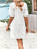 themeisles Solid Color Jacquard Puff Sleeves Loose Square-neck Mini Dresses