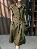 themeisles Solid Color Bandage Short Sleeves Plus Size Lapel Midi Dresses
