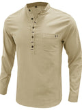 themeisles Standing Collar Men's Cotton Linen Shirt Long-sleeved Henry Collar Shirt Loose Men's Linen Shirt